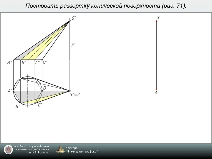 Построить развертку конической поверхности (рис. 71).