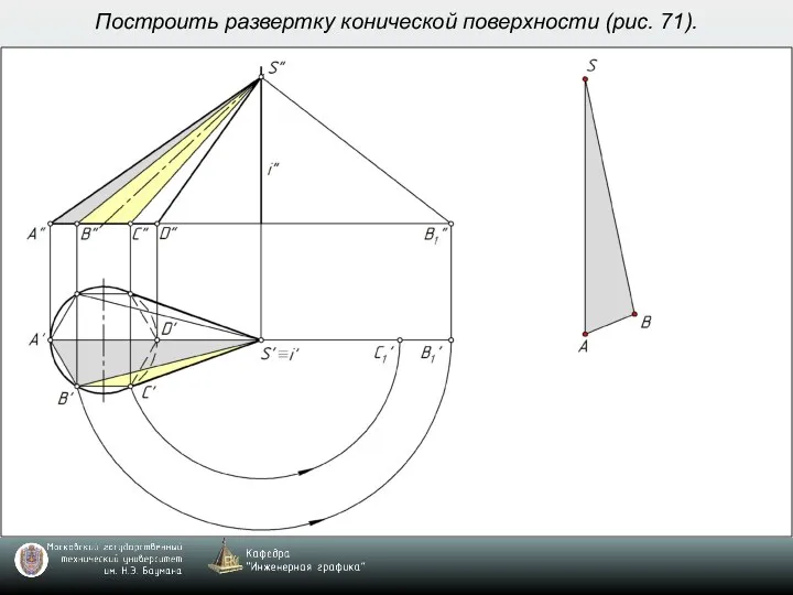 Построить развертку конической поверхности (рис. 71).