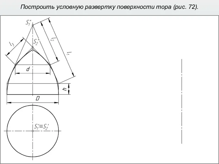 Построить условную развертку поверхности тора (рис. 72).