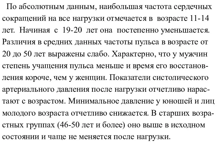 По абсолютным данным, наибольшая частота сердечных сокращений на все нагрузки отмечается в возрасте