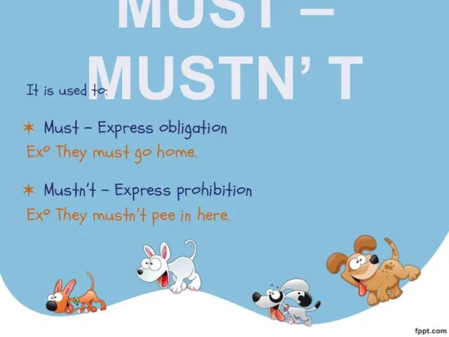 MUST – MUSTN’ T It is used to: Must –