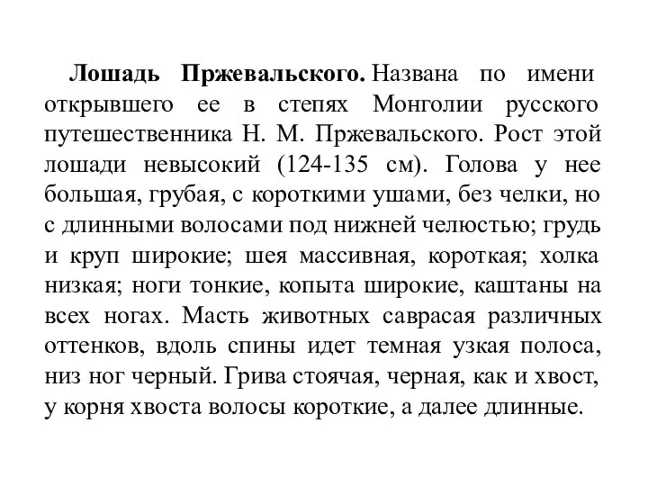 Лошадь Пржевальского. Названа по имени открывшего ее в степях Монголии