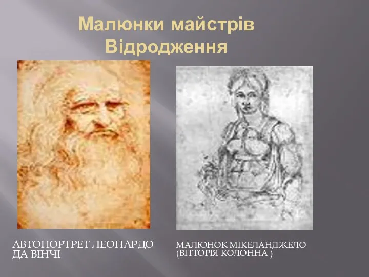 Малюнки майстрів Відродження АВТОПОРТРЕТ ЛЕОНАРДО ДА ВІНЧІ МАЛЮНОК МІКЕЛАНДЖЕЛО (ВІТТОРІЯ КОЛОННА )