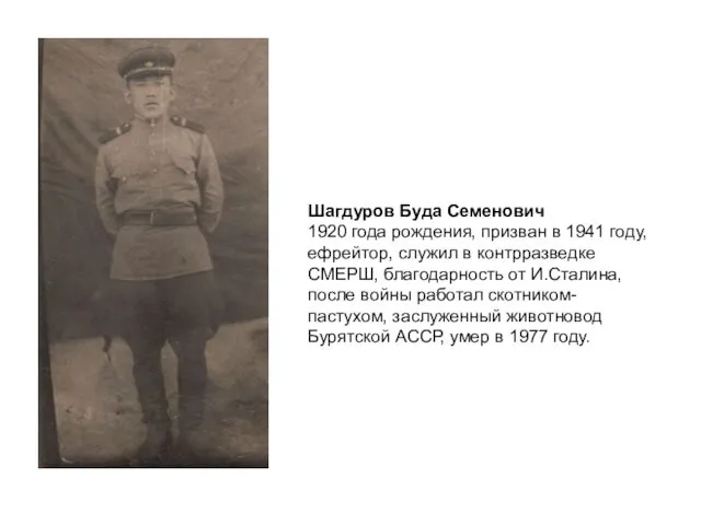 Шагдуров Буда Семенович 1920 года рождения, призван в 1941 году,