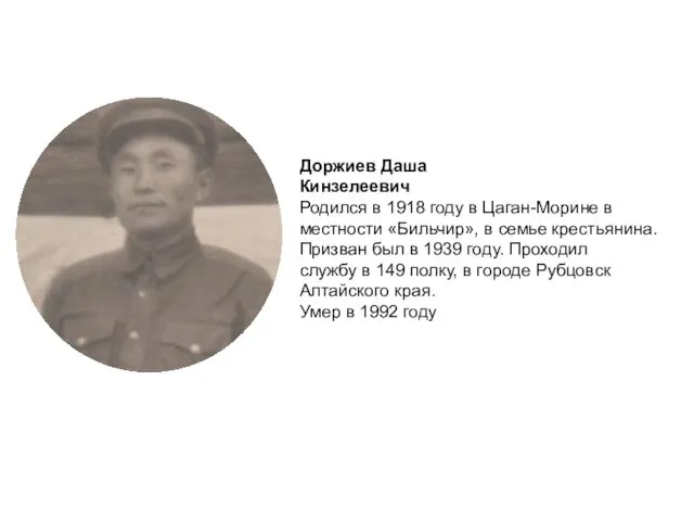 Доржиев Даша Кинзелеевич Родился в 1918 году в Цаган-Морине в