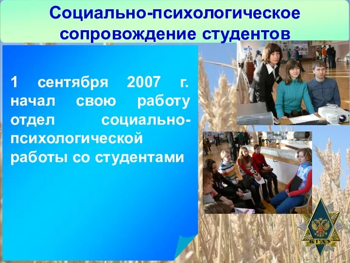 Социально-психологическое сопровождение студентов 1 сентября 2007 г. начал свою работу отдел социально-психологической работы со студентами