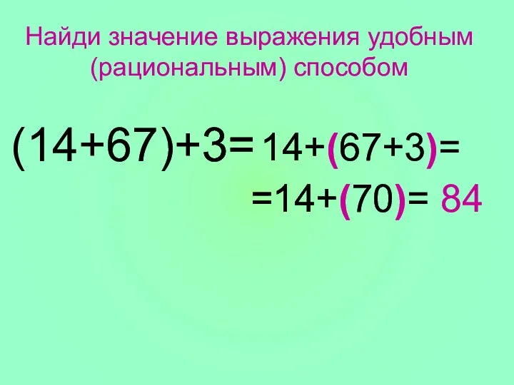 (14+67)+3= Найди значение выражения удобным (рациональным) способом 14+(67+3)= =14+(70)= 84