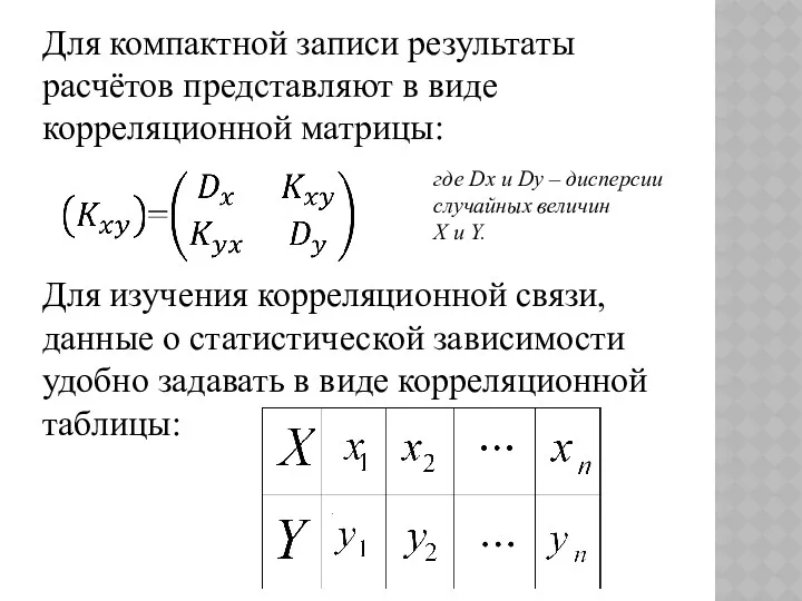 Для компактной записи результаты расчётов представляют в виде корреляционной матрицы: