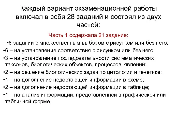 Каждый вариант экзаменационной работы включал в себя 28 заданий и состоял из двух