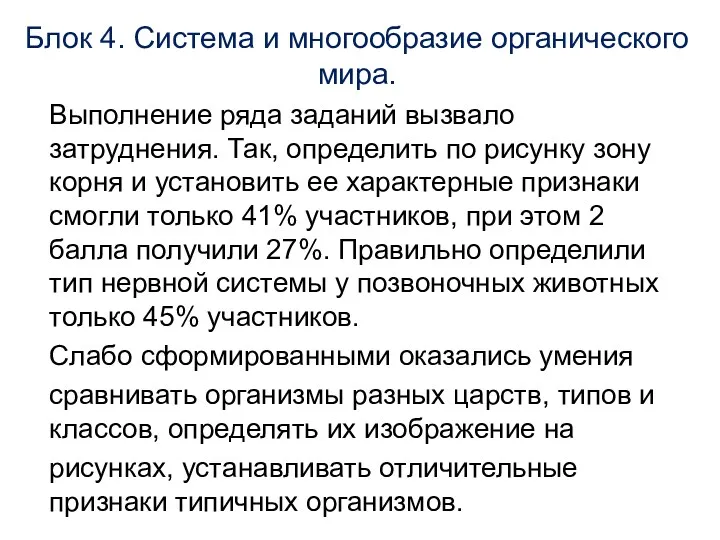 Блок 4. Система и многообразие органического мира. Выполнение ряда заданий вызвало затруднения. Так,