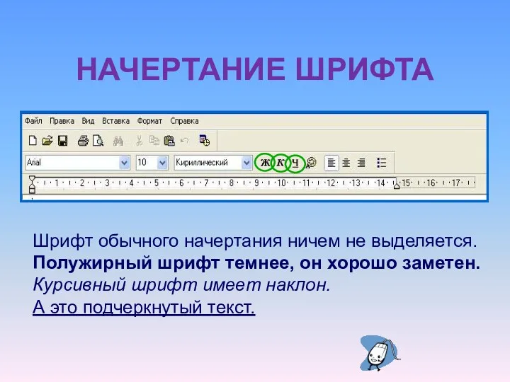 НАЧЕРТАНИЕ ШРИФТА Шрифт обычного начертания ничем не выделяется. Полужирный шрифт