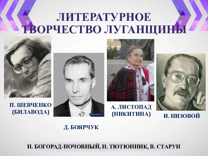 ЛИТЕРАТУРНОЕ ТВОРЧЕСТВО ЛУГАНЩИНЫ П. ШЕВЧЕНКО (БИЛАВОДА) Д. БОЯРЧУК А. ЛИСТОПАД