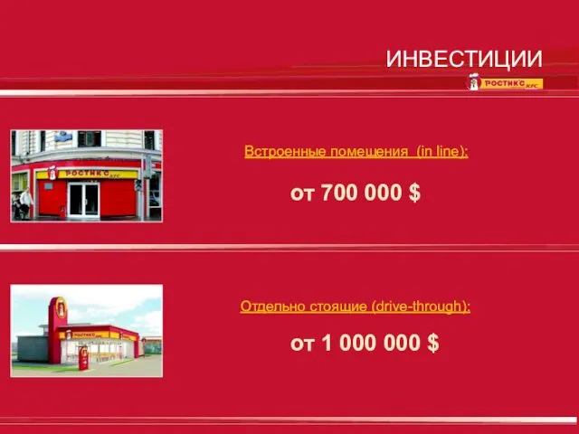 ИНВЕСТИЦИИ Встроенные помещения (in line): Отдельно стоящие (drive-through): от 700