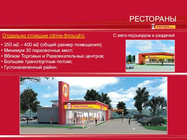 РЕСТОРАНЫ Отдельно стоящие (drive-through): С авто-подъездом и раздачей 250 м2