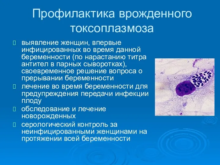 Профилактика врожденного токсоплазмоза выявление женщин, впервые инфицированных во время данной