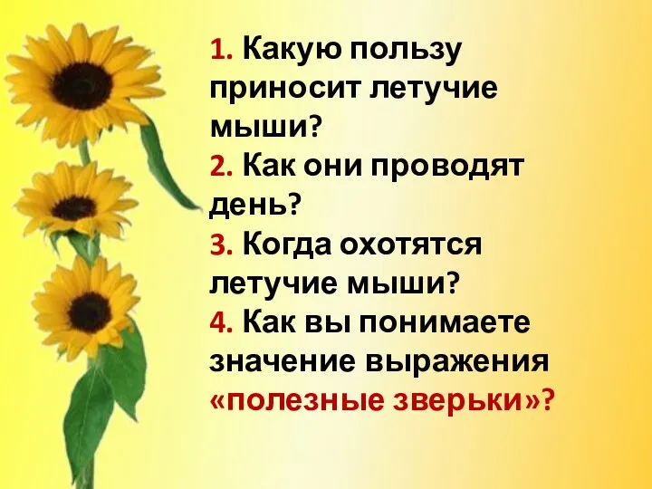 1. Какую пользу приносит летучие мыши? 2. Как они проводят день? 3. Когда