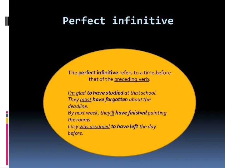 Perfect infinitive The perfect infinitive refers to a time before