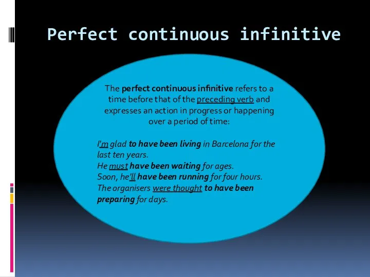 Perfect continuous infinitive The perfect continuous infinitive refers to a