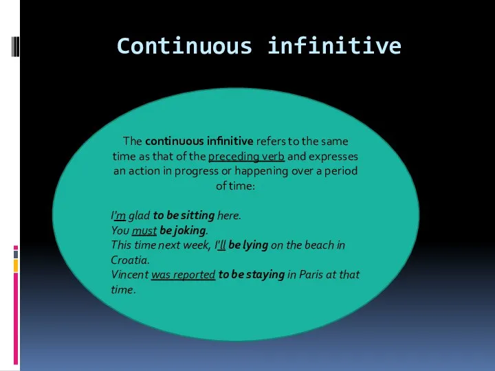 Continuous infinitive The continuous infinitive refers to the same time