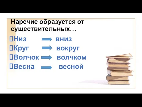 Наречие образуется от существительных… Низ вниз Круг вокруг Волчок волчком Весна весной