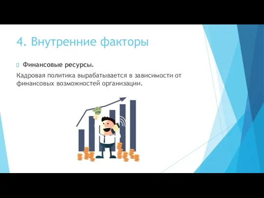 4. Внутренние факторы Финансовые ресурсы. Кадровая политика вырабатывается в зависимости от финансовых возможностей организации.