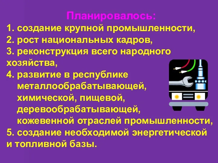 Планировалось: 1. создание крупной промышленности, 2. рост национальных кадров, 3.