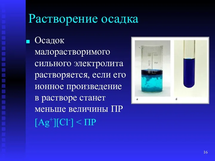 Растворение осадка Осадок малорастворимого сильного электролита растворяется, если его ионное