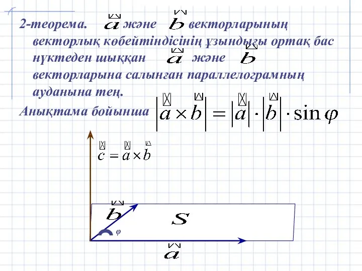 2-теорема. және векторларының векторлық көбейтіндісінің ұзындығы ортақ бас нүктеден шыққан