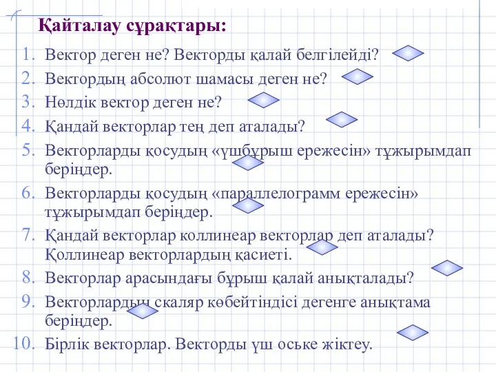 Қайталау сұрақтары: Вектор деген не? Векторды қалай белгілейді? Вектордың абсолют