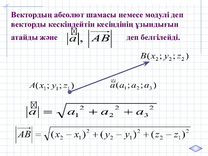 Вектордың абсолют шамасы немесе модулі деп векторды кескіндейтін кесіндінің ұзындығын атайды және деп белгілейді.