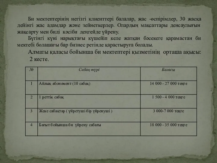 Би мектептерінің негізгі клиенттері балалар, жас -өспірімдер, 30 жасқа дейінгі