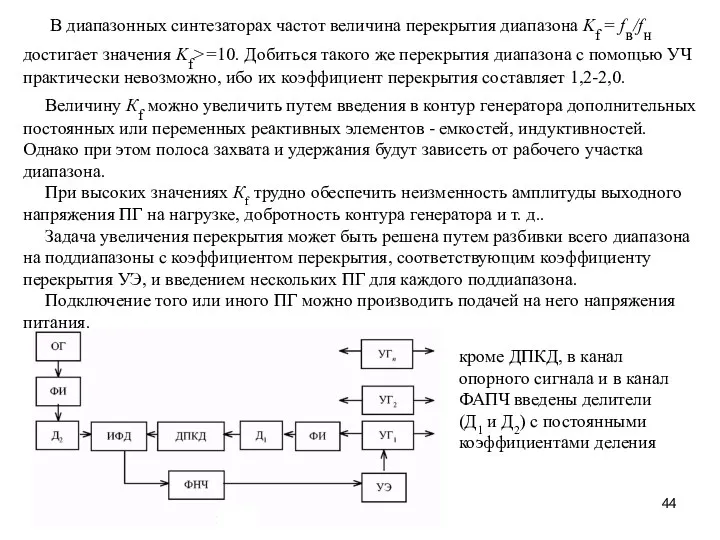 В диапазонных синтезаторах частот величина перекрытия диапазона Kf = fв/fн