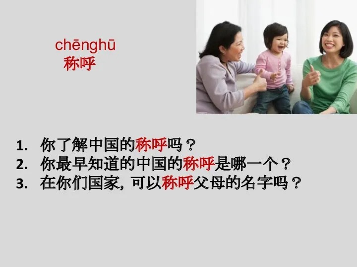 你了解中国的称呼吗？ 你最早知道的中国的称呼是哪一个？ 在你们国家，可以称呼父母的名字吗？ chēnghū 称呼