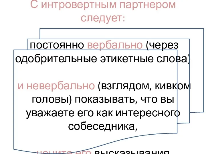 С интровертным партнером следует: постоянно вербально (через одобрительные этикетные слова)