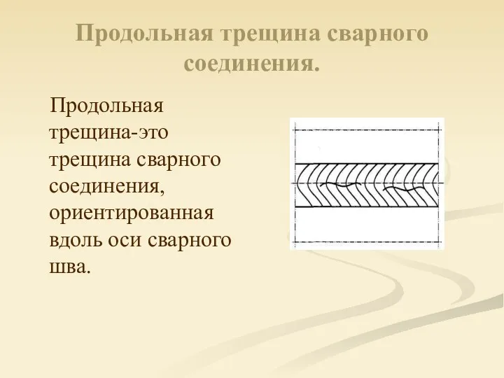 Продольная трещина сварного соединения. Продольная трещина-это трещина сварного соединения, ориентированная вдоль оси сварного шва.