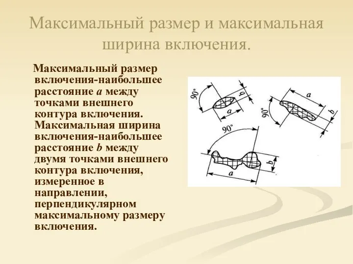 Максимальный размер и максимальная ширина включения. Максимальный размер включения-наибольшее расстояние