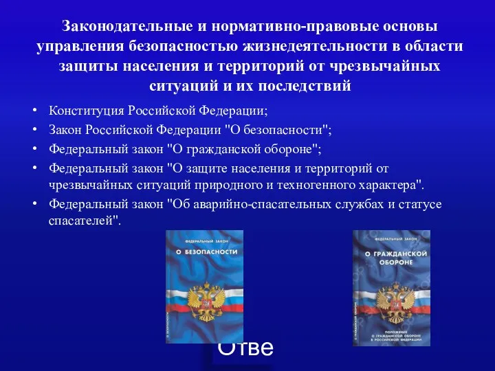 Конституция Российской Федерации; Закон Российской Федерации "О безопасности"; Федеральный закон