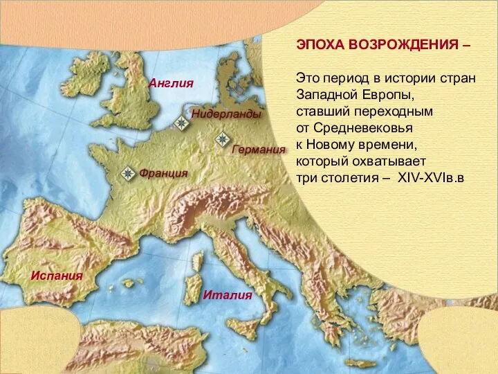 Италия Испания Англия ЭПОХА ВОЗРОЖДЕНИЯ – Это период в истории