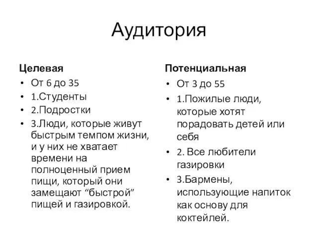 Аудитория Целевая От 6 до 35 1.Студенты 2.Подростки 3.Люди, которые