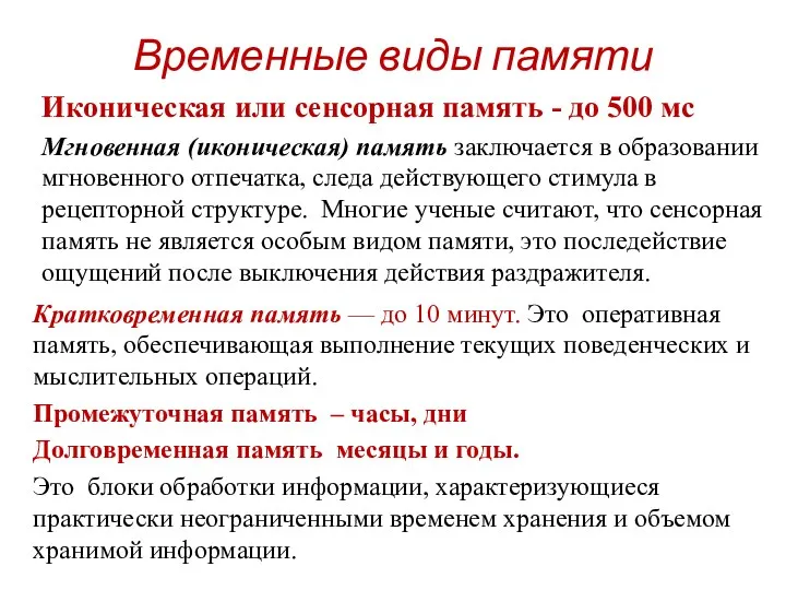 Временные виды памяти Иконическая или сенсорная память - до 500