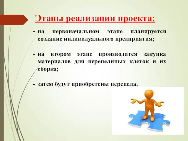 Этапы реализации проекта: на первоначальном этапе планируется создание индивидуального предприятия;