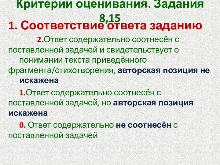 Критерии оценивания. Задания 8,15 1. Соответствие ответа заданию 2.Ответ содержательно