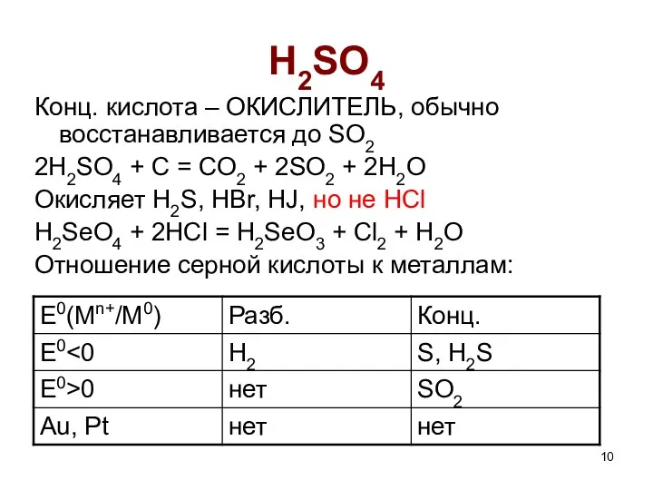 H2SO4 Конц. кислота – ОКИСЛИТЕЛЬ, обычно восстанавливается до SO2 2H2SO4