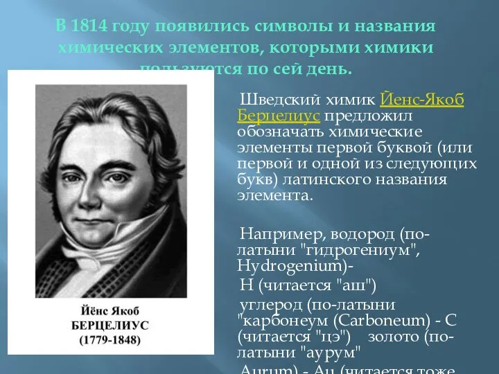 В 1814 году появились символы и названия химических элементов, которыми