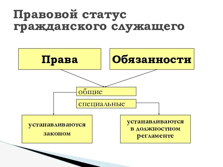 Правовой статус гражданского служащего Права Обязанности общие устанавливаются законом устанавливаются в должностном регламенте специальные