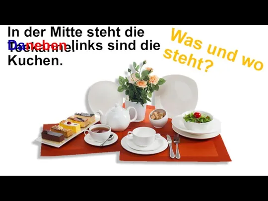 Was und wo steht? In der Mitte steht die Teekanne. Daneben links sind die Kuchen.