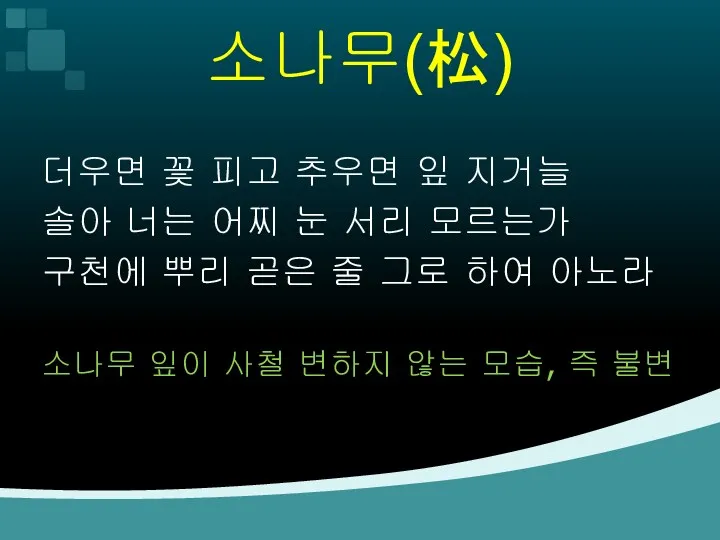 소나무(松) 더우면 꽃 피고 추우면 잎 지거늘 솔아 너는 어찌