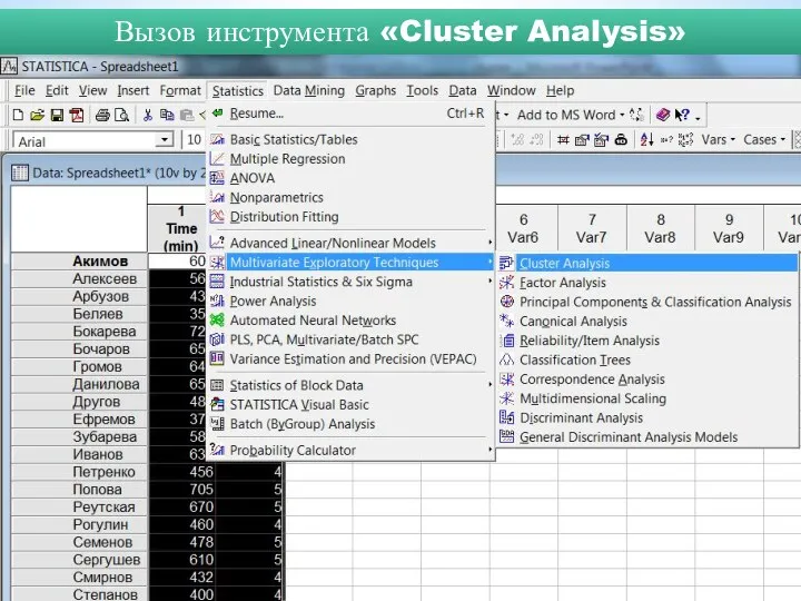 Вызов инструмента «Cluster Analysis»
