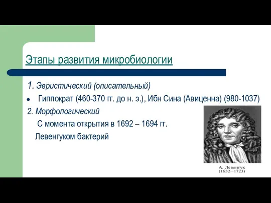 Этапы развития микробиологии 1. Эвристический (описательный) Гиппократ (460-370 гг. до