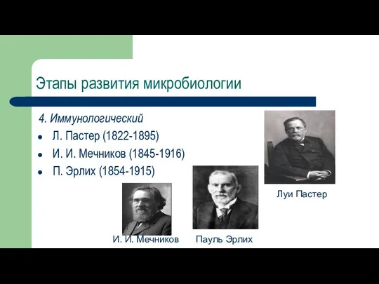 Этапы развития микробиологии 4. Иммунологический Л. Пастер (1822-1895) И. И.